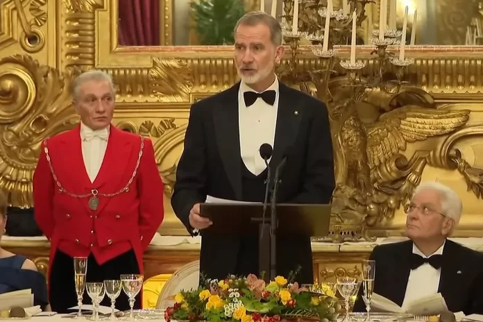 El Rey Felipe VI en la cena de Estado en Italia llama a la paz en Ucrania y Oriente Próximo